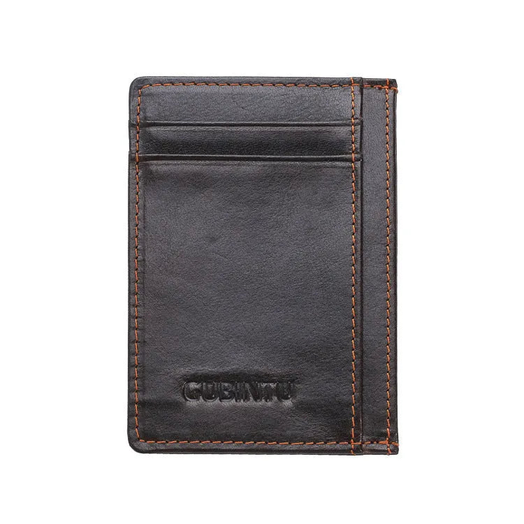 Men's creative genuine leather card holder in dark brown solid colour, slim profile with card slots, 7.8cm by 10.7cm