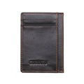 Men's creative genuine leather card holder in dark brown solid colour, slim profile with card slots, 7.8cm by 10.7cm