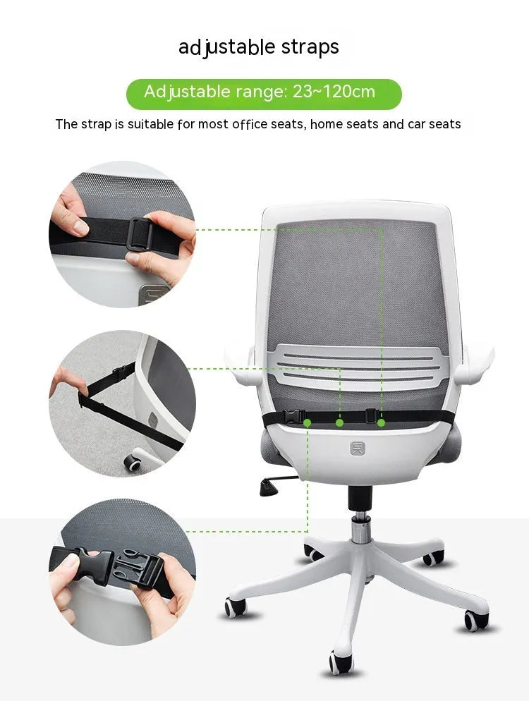 Memory foam car cushion with fixed strap attachment in black, grey, or creamy white