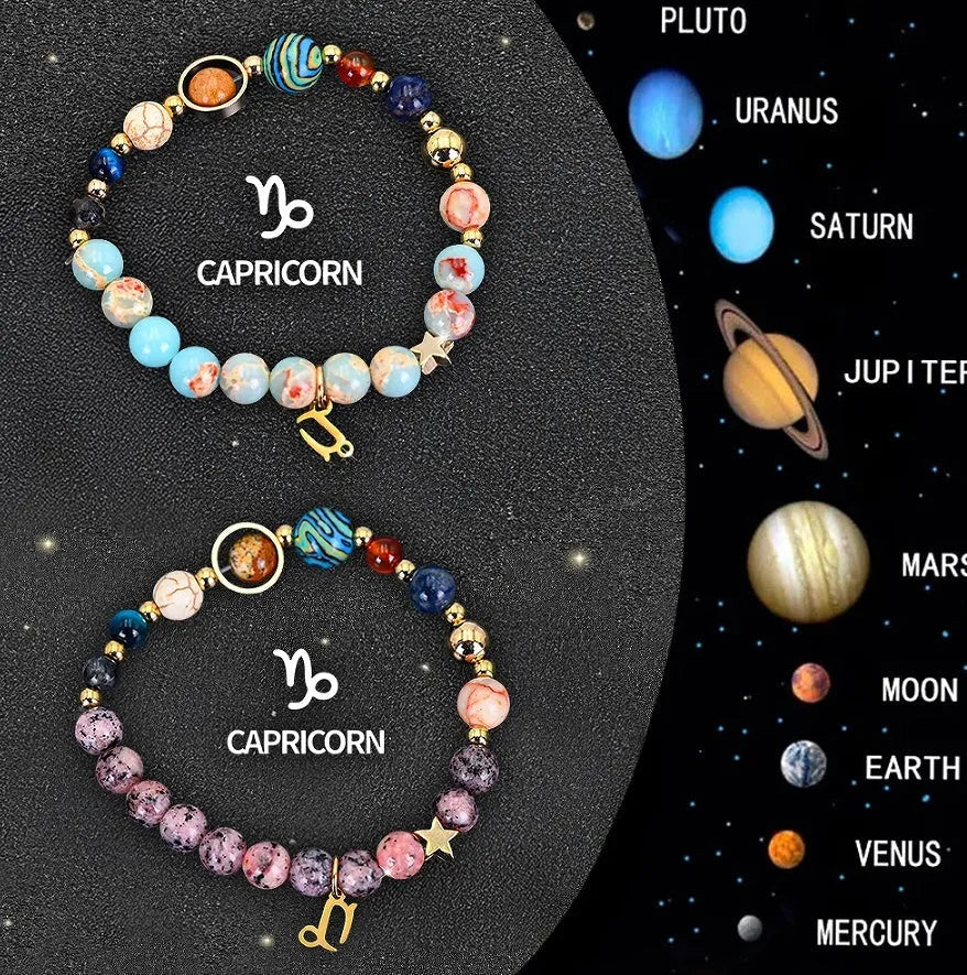 Set of twelve natural stone beaded bracelets, each showing a different zodiac sign design on an elastic cord.