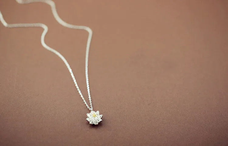 S925 sterling silver lotus necklace with O-ring chain and silver flower pendant for women, PL205 series