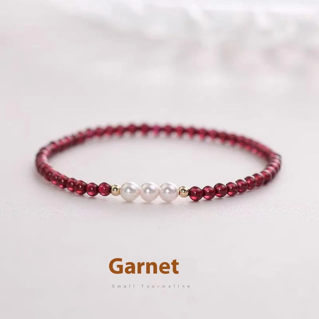 Garnet red crystal and white artificial pearl bracelet for women, shown in 3mm and 4mm bead size options.