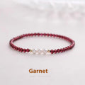 Garnet red crystal and white artificial pearl bracelet for women, shown in 3mm and 4mm bead size options.