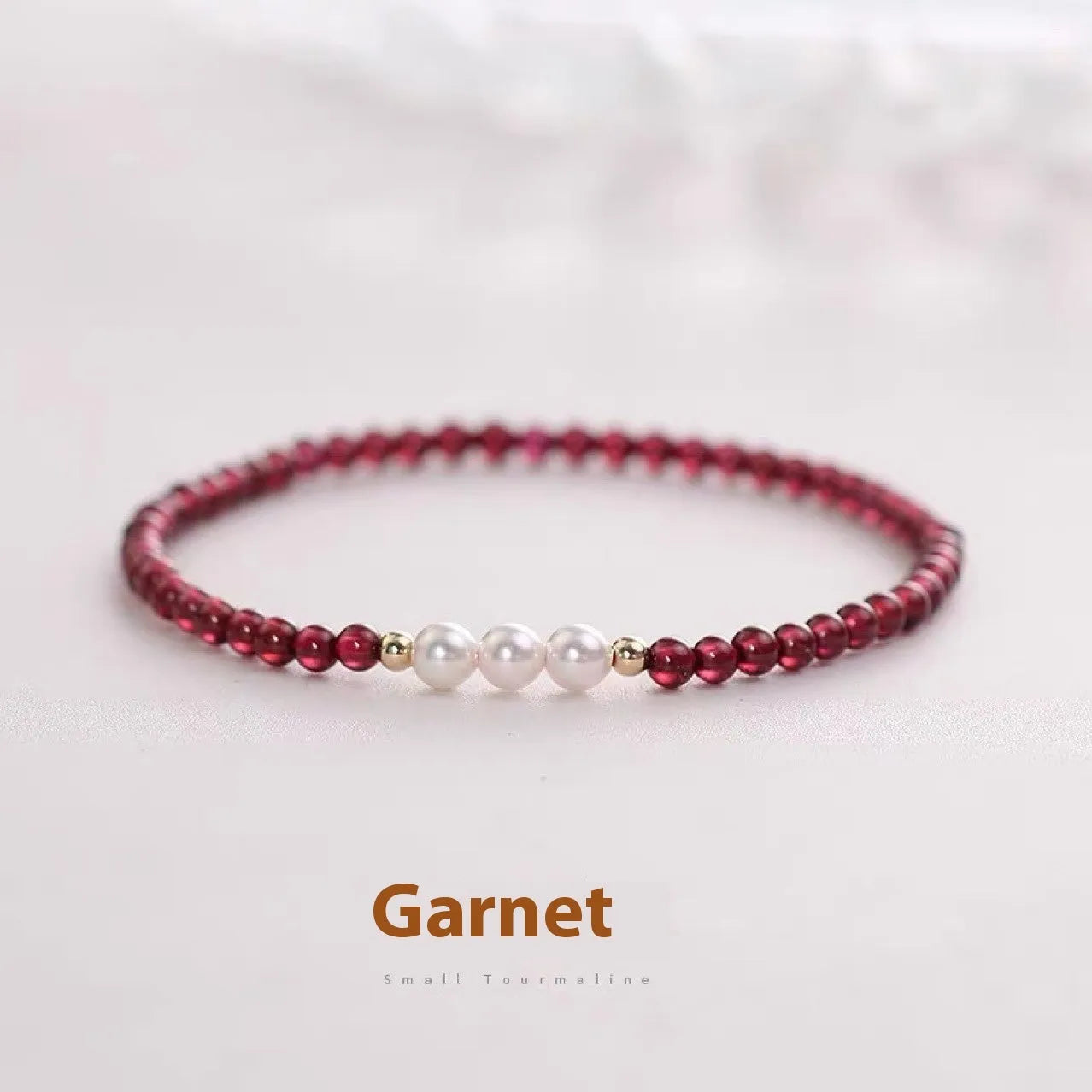 Garnet red crystal and white artificial pearl bracelet for women, shown in 3mm and 4mm bead size options.