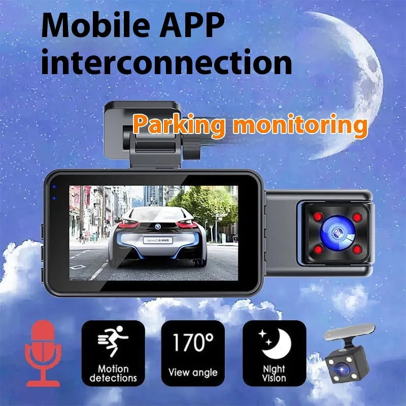 Black 3 lens driving recorder with 3 inch screen for front windshield installation