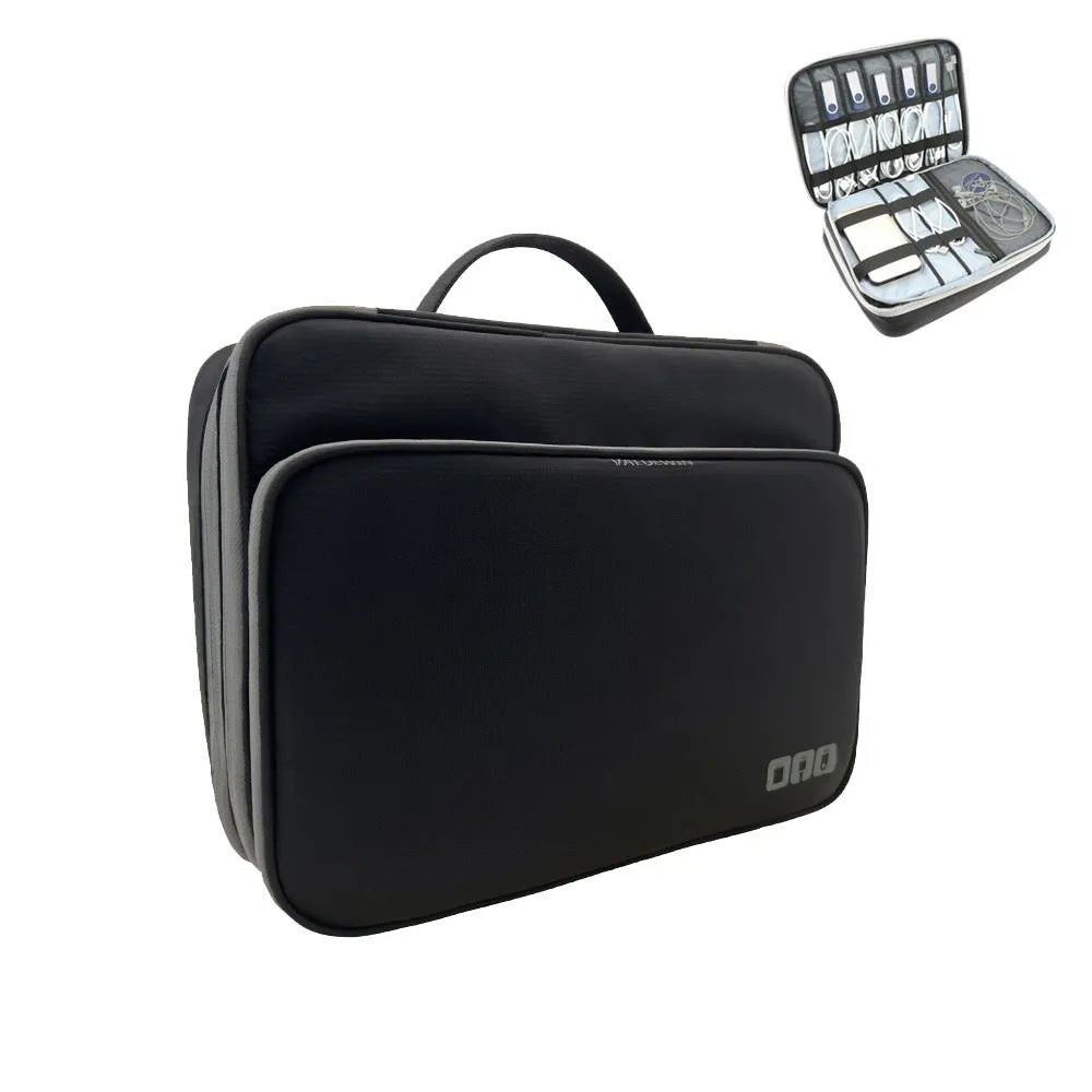 Grey three-layer polyester travel storage bag with sewing line detail, shown open.