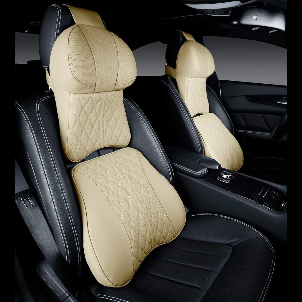 Car neck pillow and lumbar support cushion set in beige with wavy pattern texture