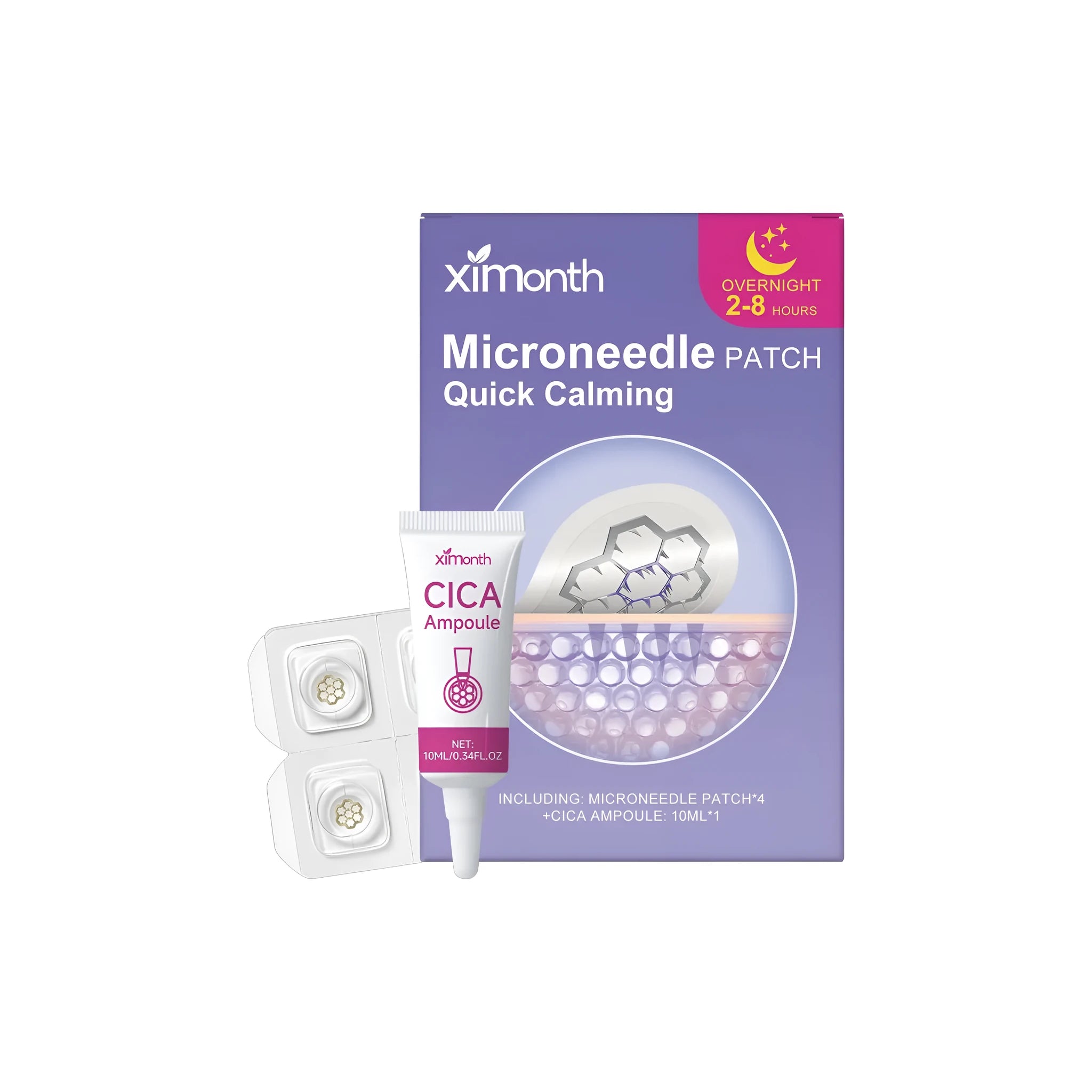 XIMONTH Calming Microneedle Patch Set box containing four patches and a 10ml ampoule bottle.