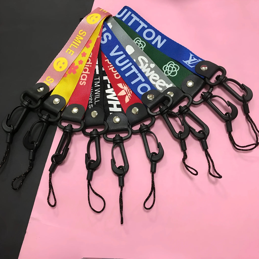 Short 25cm wide polyester mobile phone lanyard with 2-in-1 hooks in multi-colour mix