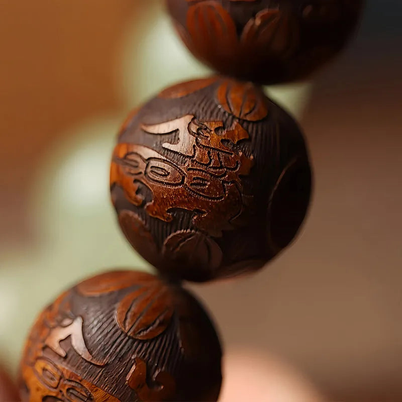 Rosewood bracelet with carved Fu character in amass fortunes colour on flexible 20mm ring