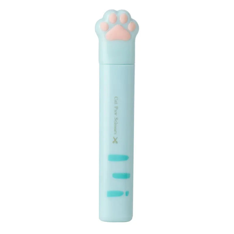 Cat paw design mini folding safety scissors in four colours: black, blue, pink, and white.