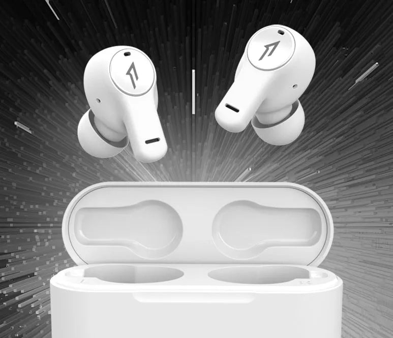 True wireless Bluetooth sports headset with waterproof rating in black and white colour options