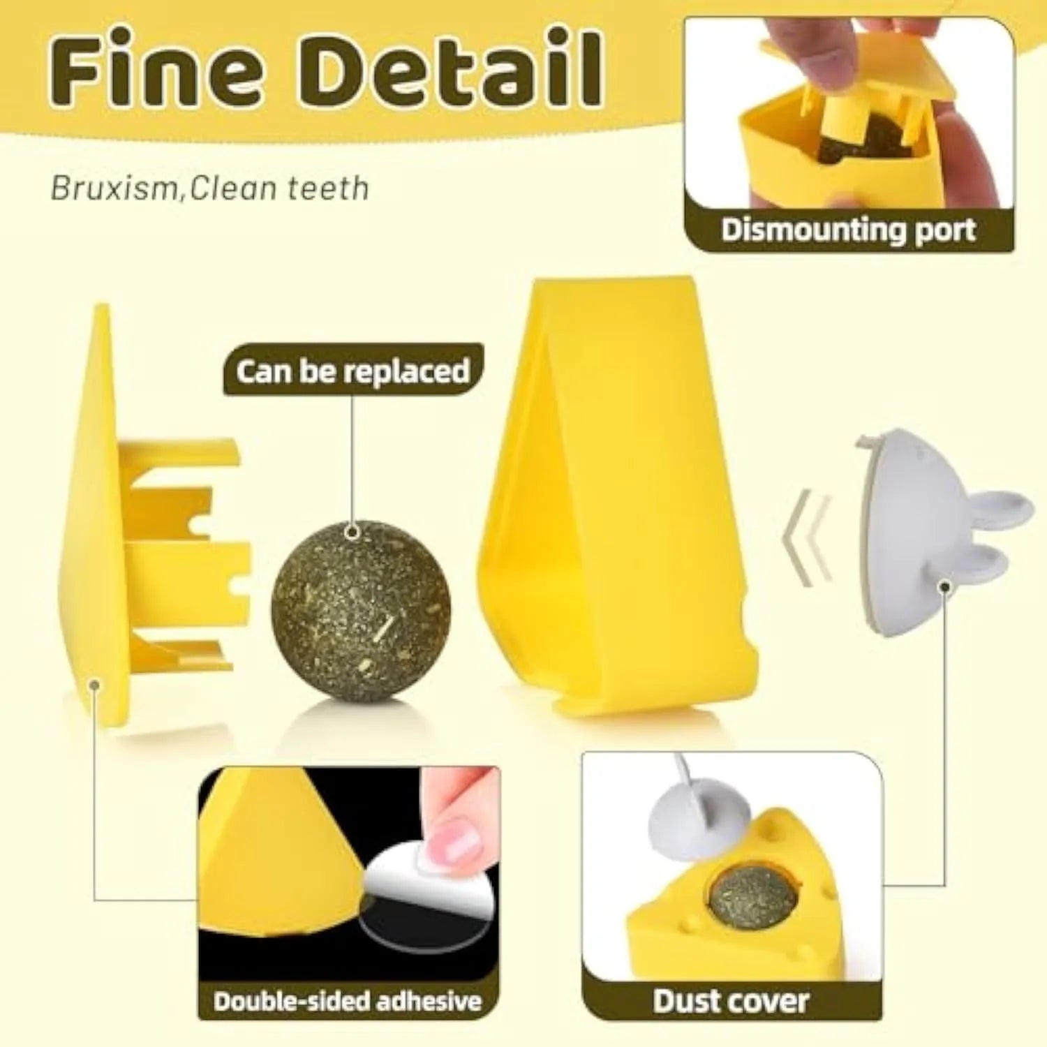 Cheese-shaped catnip balls on wall with mouse-shaped lid, natural catnip toy for cats