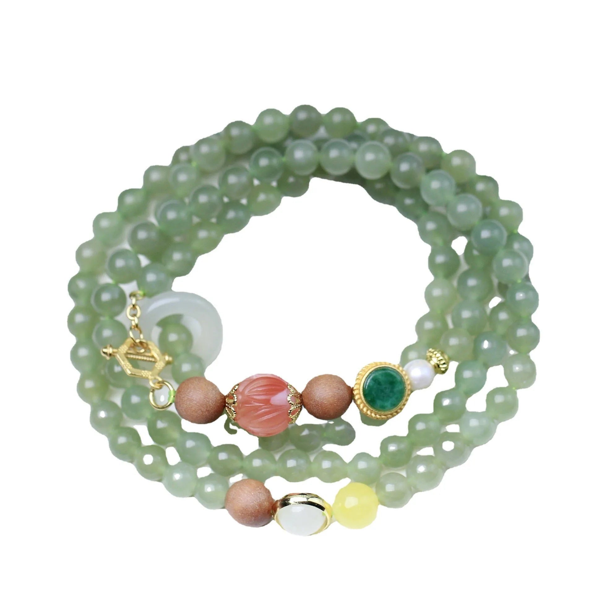 Hetian jade lotus bead necklace with white sandalwood beeswax pendant and fu character charm