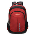 Large nylon backpack in black with curved shoulder straps and letter detailing, showing front compartment