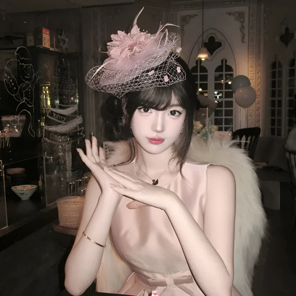 French retro feather headdress flower in mesh, shown in pink, white, or black for dinner socialite gatherings.