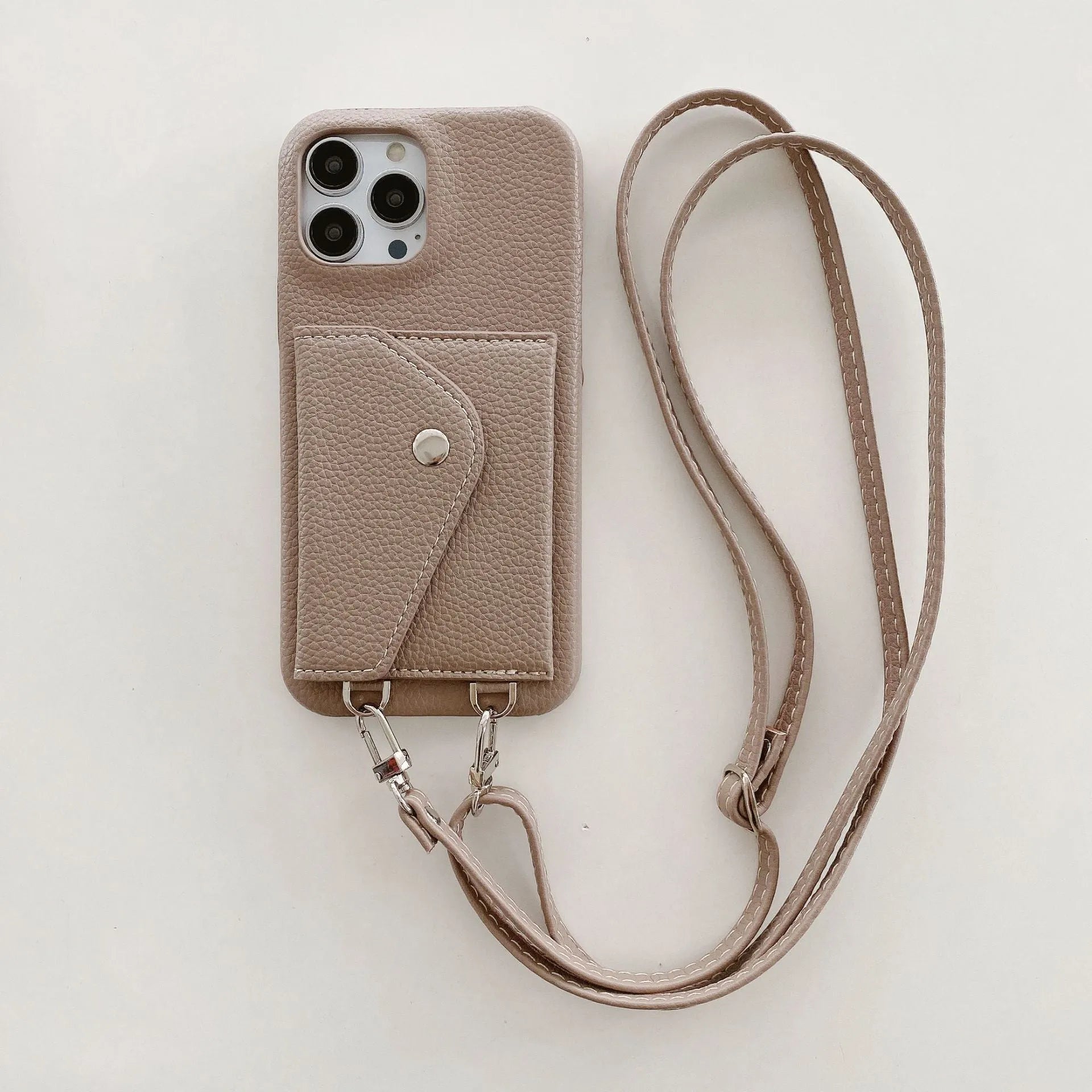 PC leather card holder crossbody phone case with lychee pattern triangle veil design for iPhone 13-15 series in black