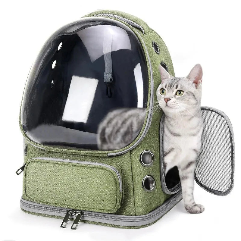 Portable transparent pet backpack for cats and small dogs up to 6.5kg in black, grey, green, or khaki