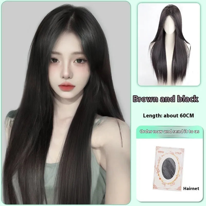 Women's full-head wig with seamless forehead lace construction in brown black colour