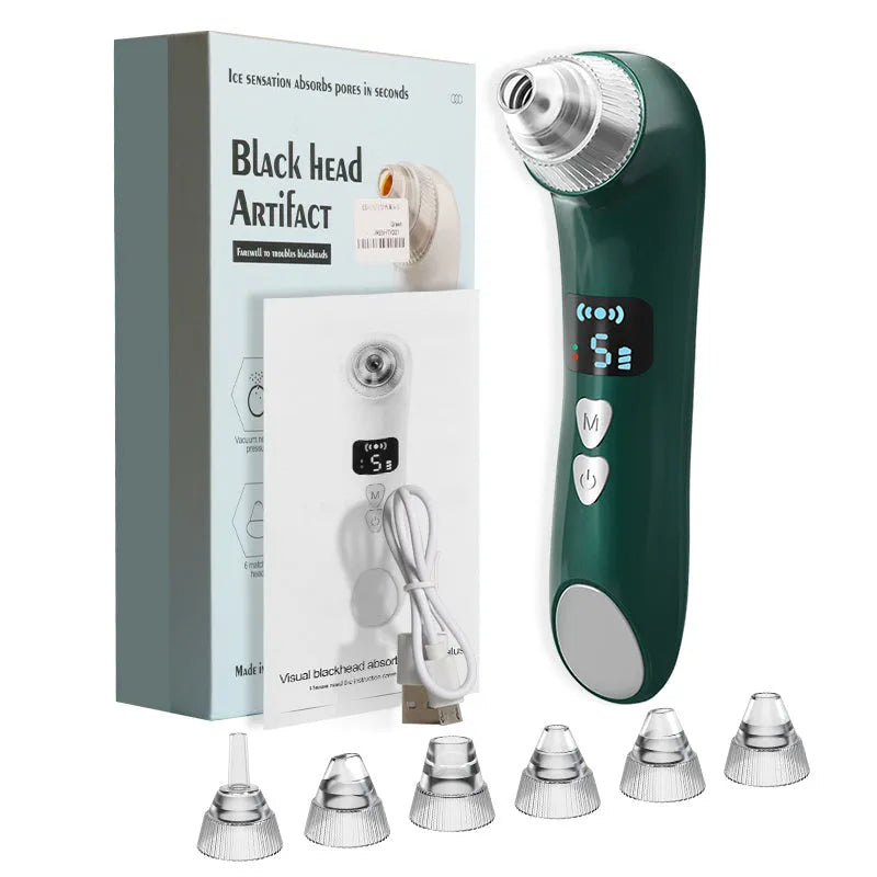 Green heating blackhead instrument with hot compress mode and app control on a white background