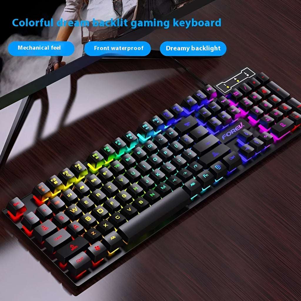 Black 104-key backlit gaming keyboard and mouse combo with compact 37.5 cm design
