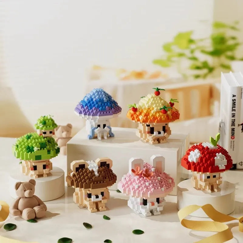 Mushroom micro particle building blocks cartoon doll ornaments, plastic small particle blocks, 6 colour options