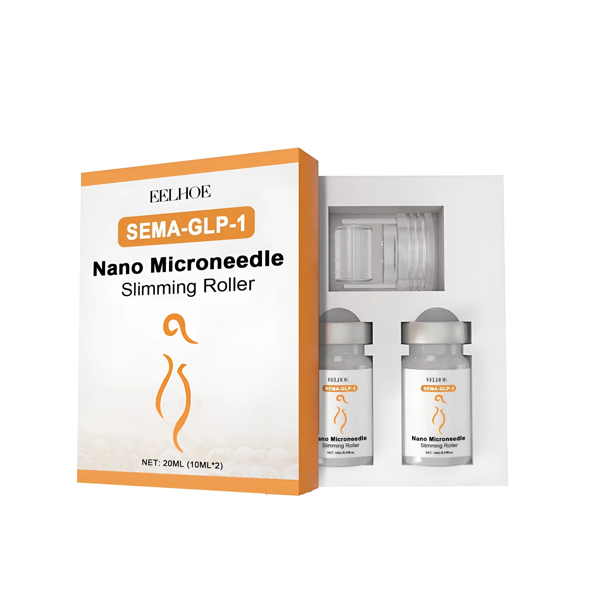 Microneedle body shaping roller device with two 10ml essence bottles containing ginger extract and acetyl hexapeptide-8