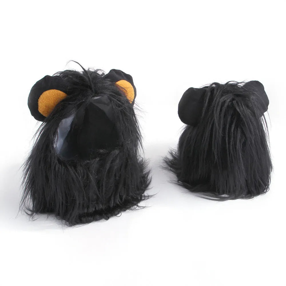 Black lion headgear costume hat on cat with elastic band fitting