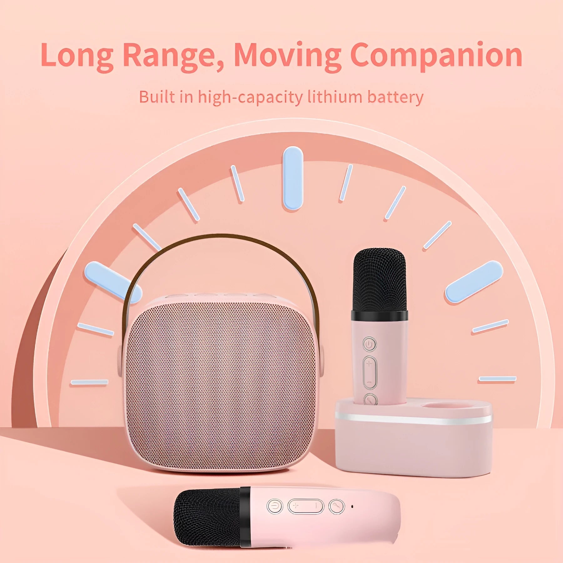 Family singing microphone set with Bluetooth speaker and two dual wireless microphones in four colour options