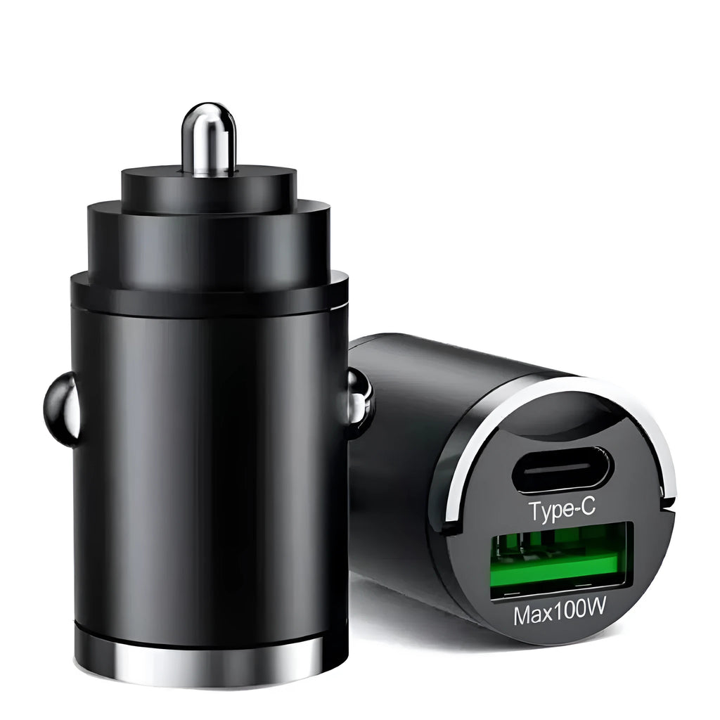 Black metal 100W car charger with invisible pull-tab plug for USB fast charging.