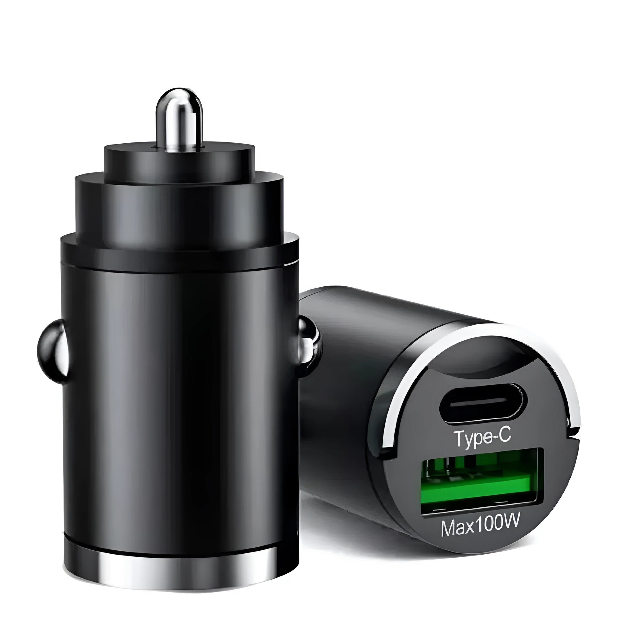 Black metal 100W car charger with invisible pull-tab plug for USB fast charging.