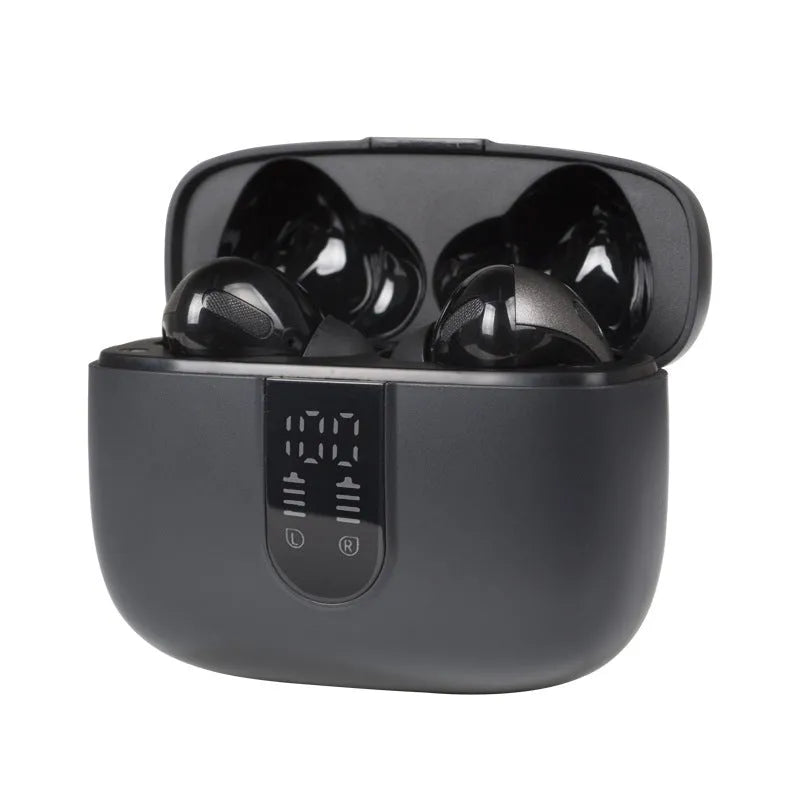 Jerry X08 wireless in-ear Bluetooth headphones in Black, Grey, or White with digital display charging case.