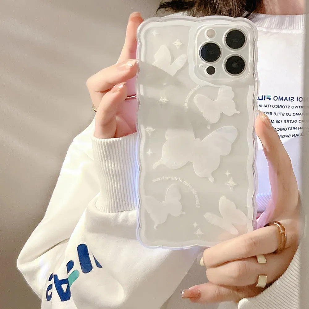 Transparent white crystal butterfly TPU phone case for iPhone 12 to 15 models, painted design