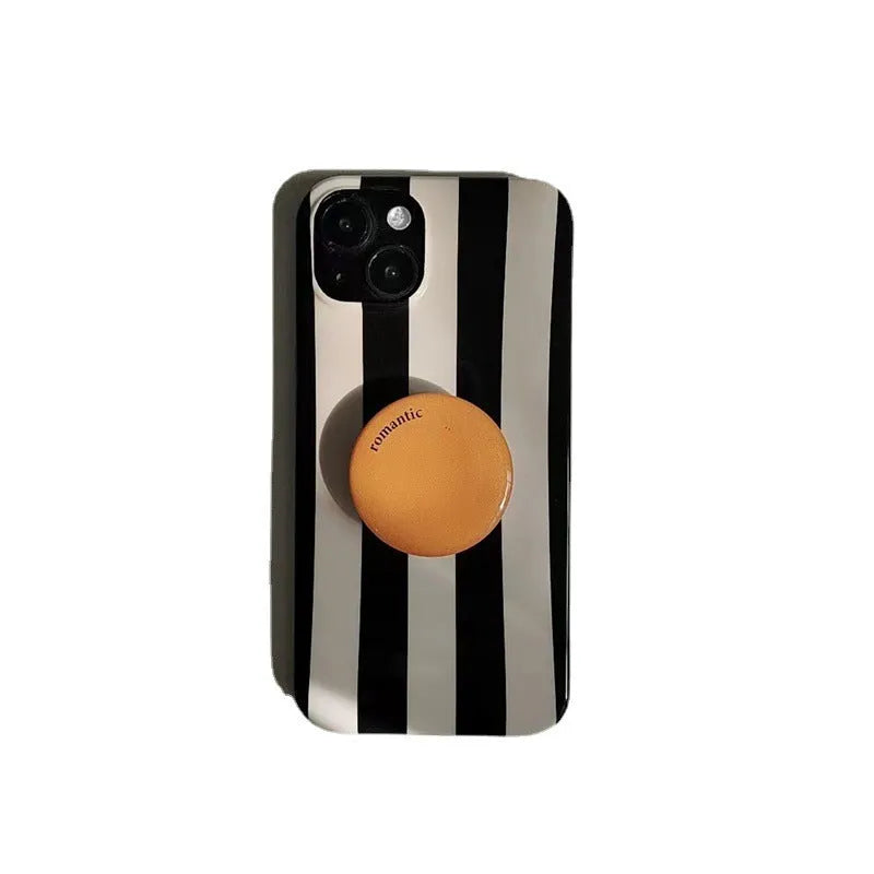 Beige and black striped phone case with T letter and orange bracket for Apple iPhone 12 to 16 Pro Max