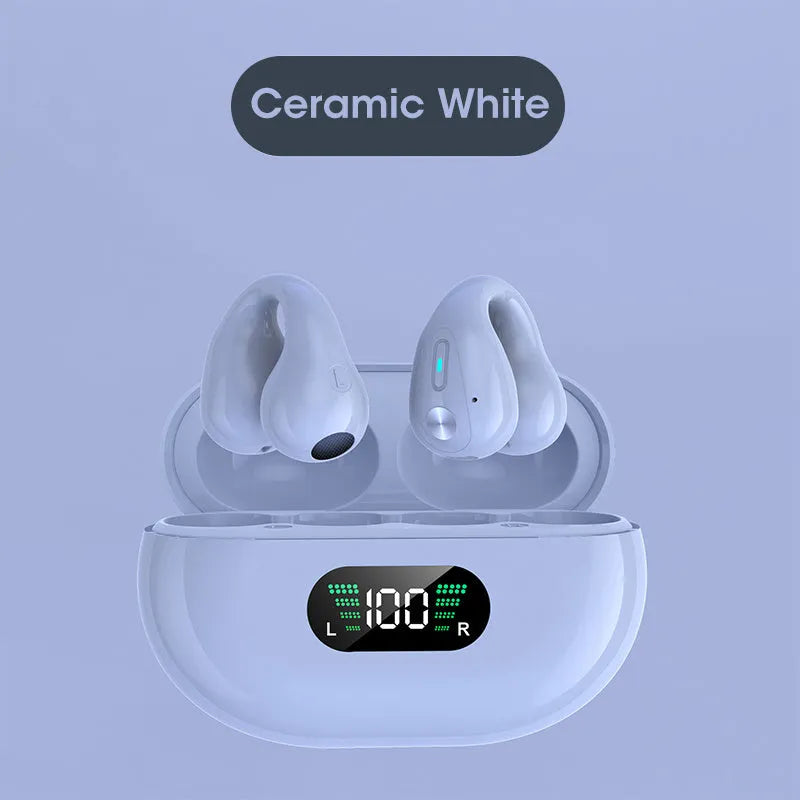 Bone conduction Bluetooth headset with ear clip design in black, white, or khaki colours