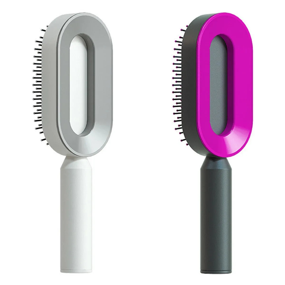 Self-cleaning air cushion hair brush in white, black gold, or black purple with ergonomic handle