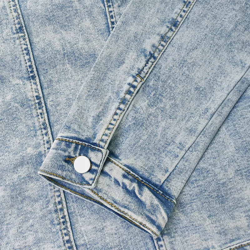 Solid blue slim fit denim shirt jacket for men with polo collar and chest pocket