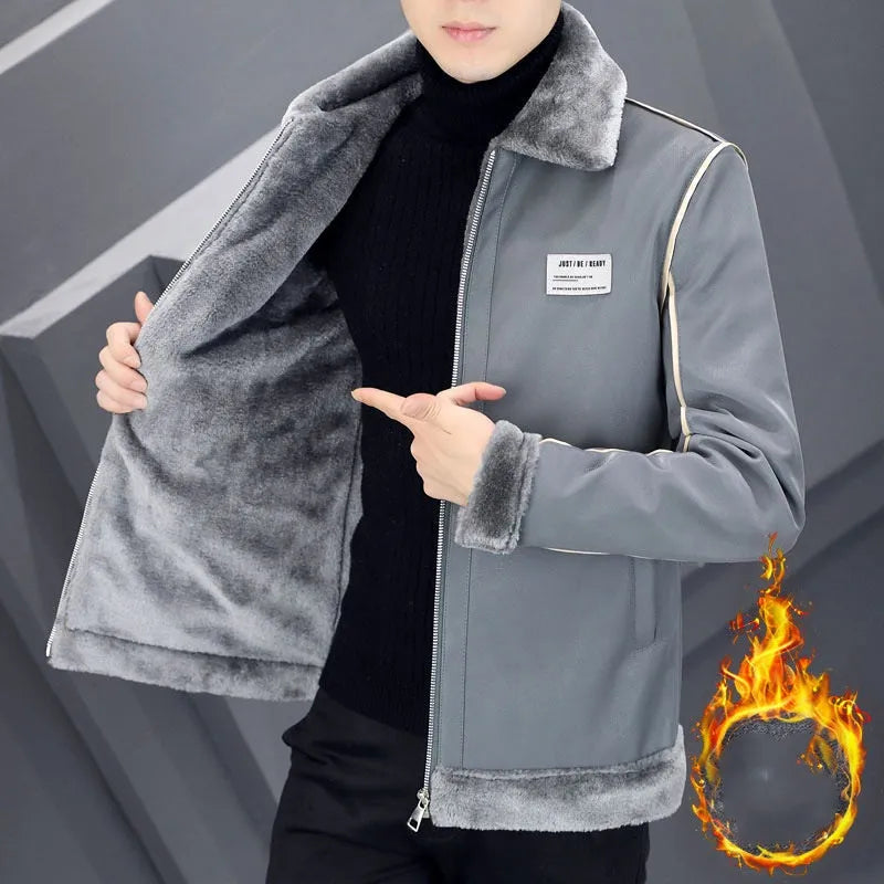 Men's corduroy coat with velvet lining and fur trim, available in black, gray, dark brown and milky white, Asian sizes 165-185