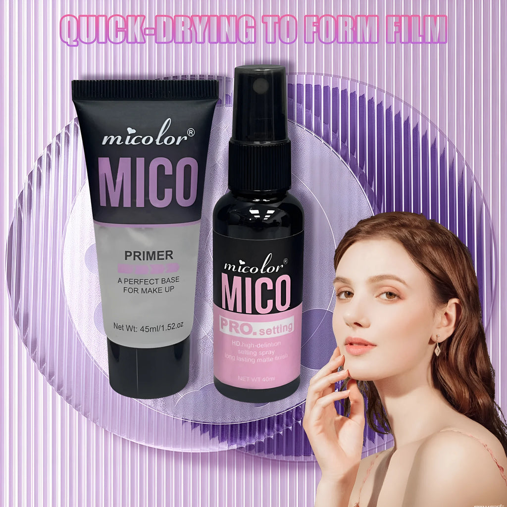 Two-in-one makeup primer and setting spray system with 45ml and 40ml bottles in monochrome packaging