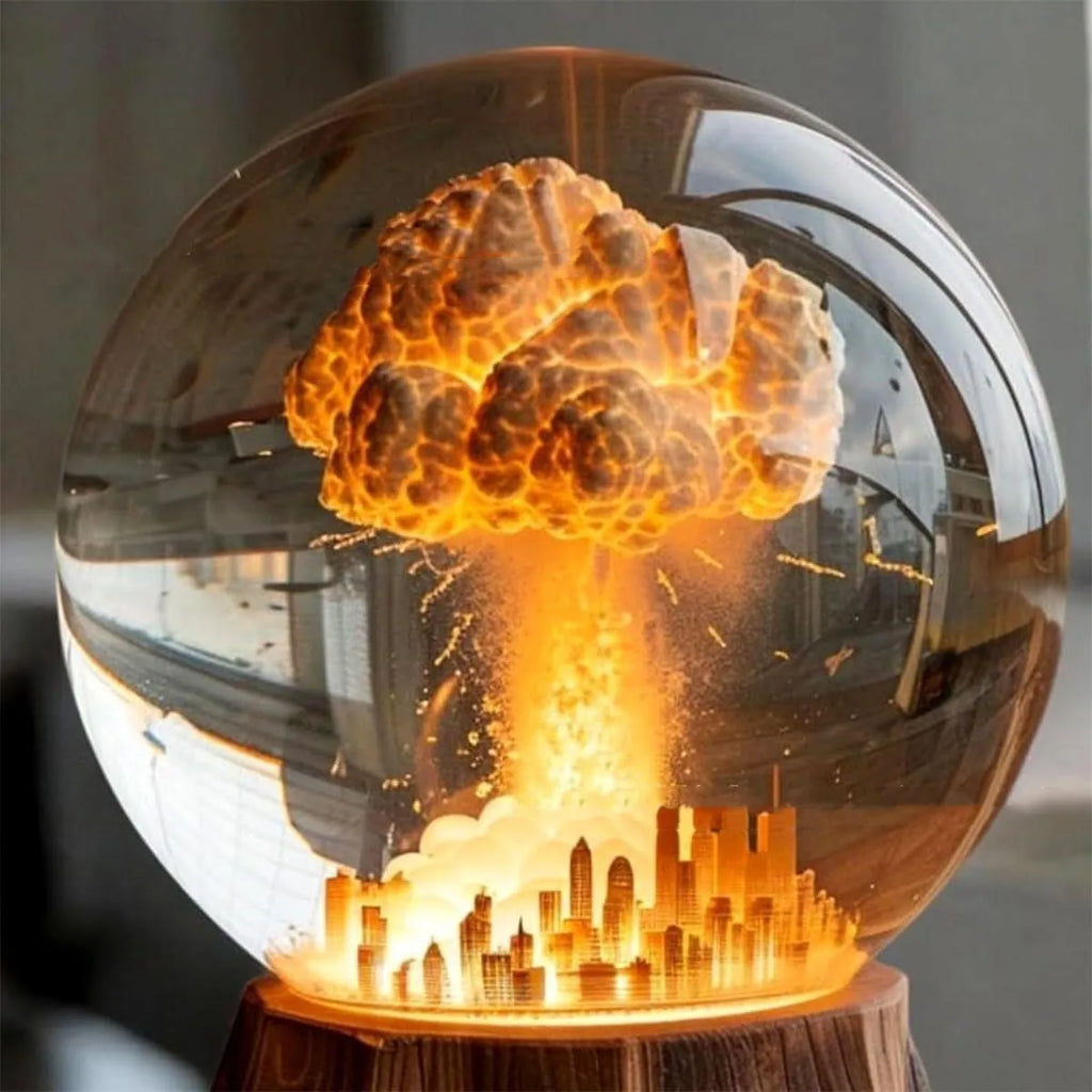 Atomic bomb explosion lamp with 3D mushroom cloud shape, 15 x 8cm hand-painted resin LED night light on a desk