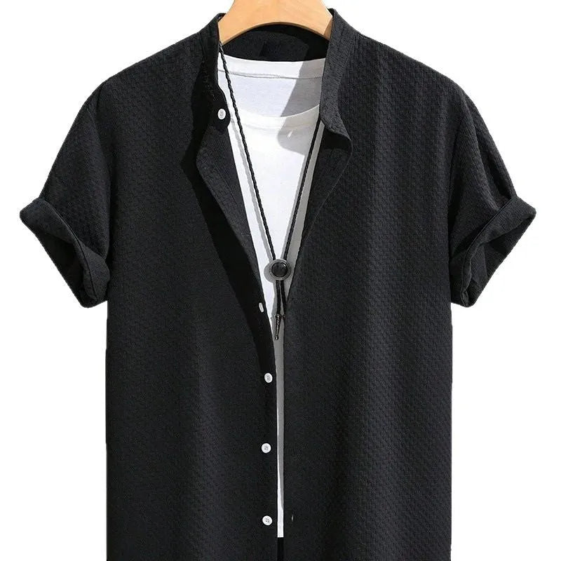 Summer men's casual stand collar short sleeve shirt in solid colour with loose fit and hemp blend fabric