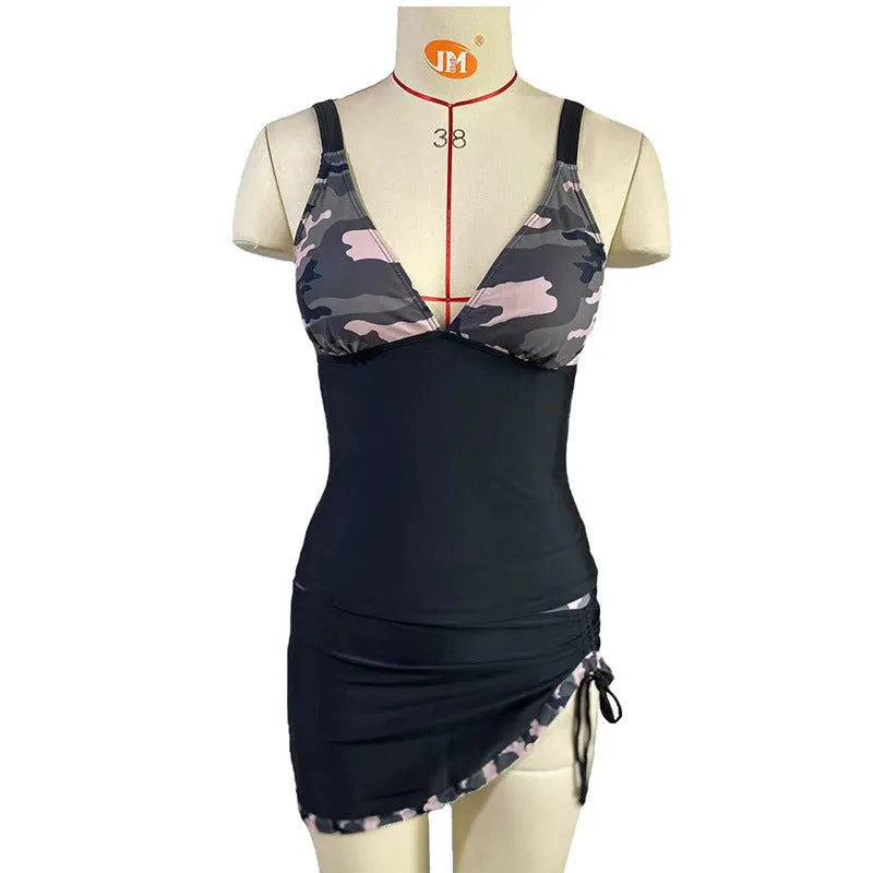 Women's two-piece swimsuit V-neck backless solid colour skirt set black gray green nylon polyester