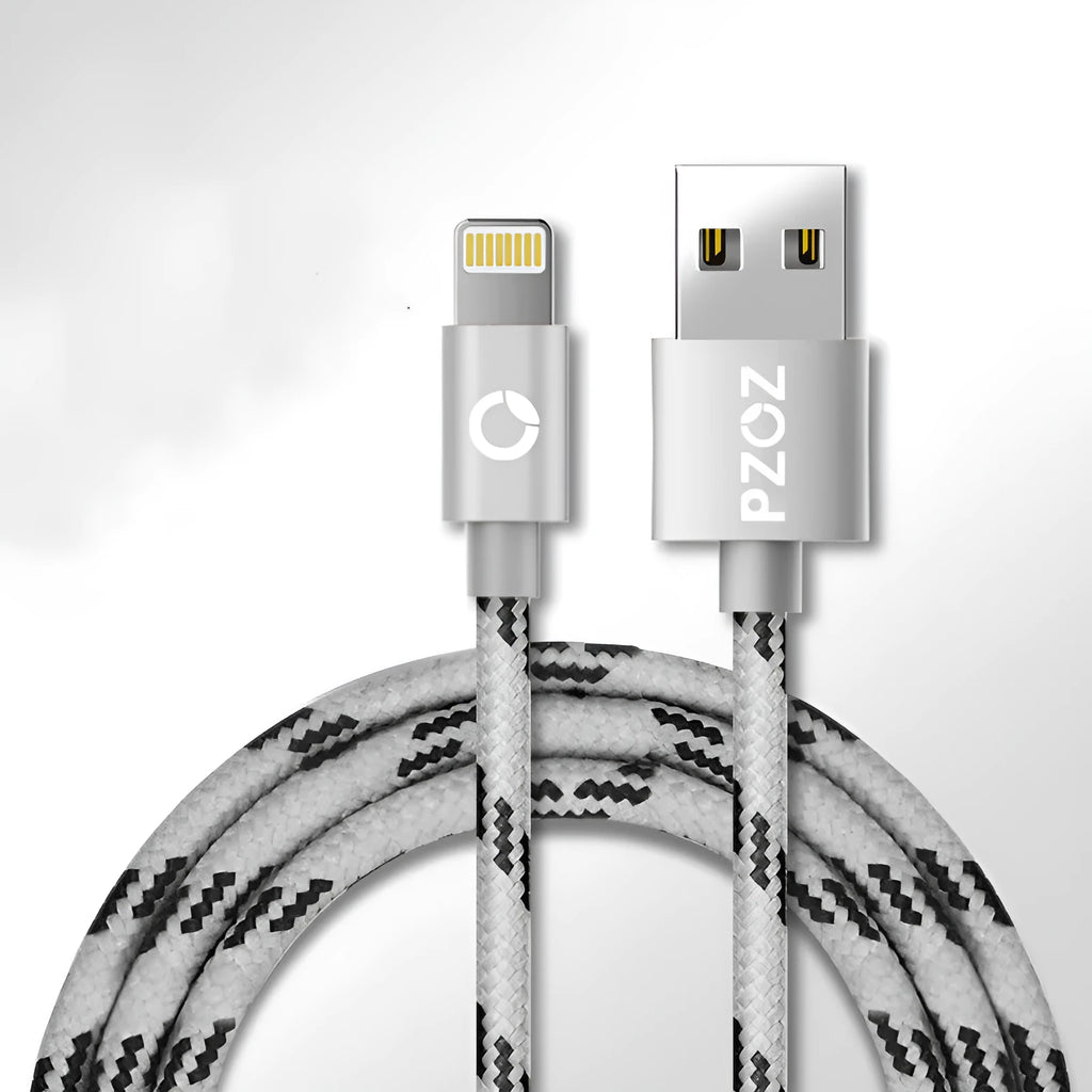 Apple MFI certified Lightning charging cable, 1 metre long, shown in grey and silver.