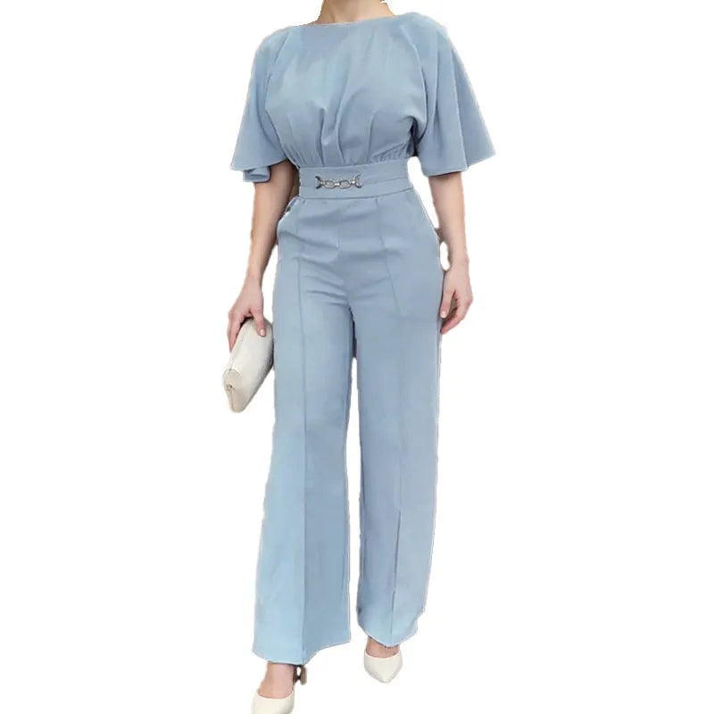 Blue polyester men's two-piece suit with trousers and long-sleeve jacket on hanger