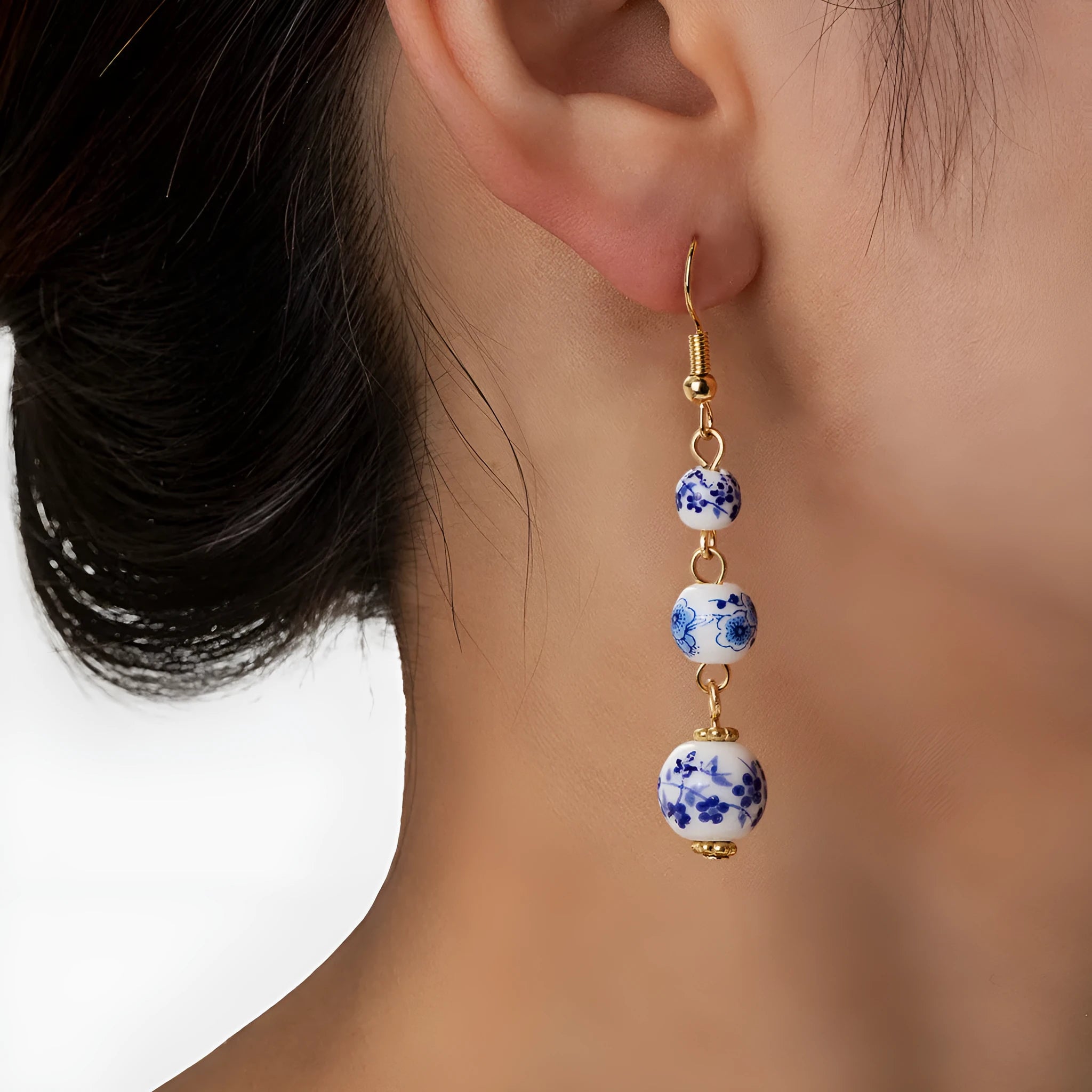 Blue and white porcelain ceramic bead long retro earrings with alloy construction and geometric design