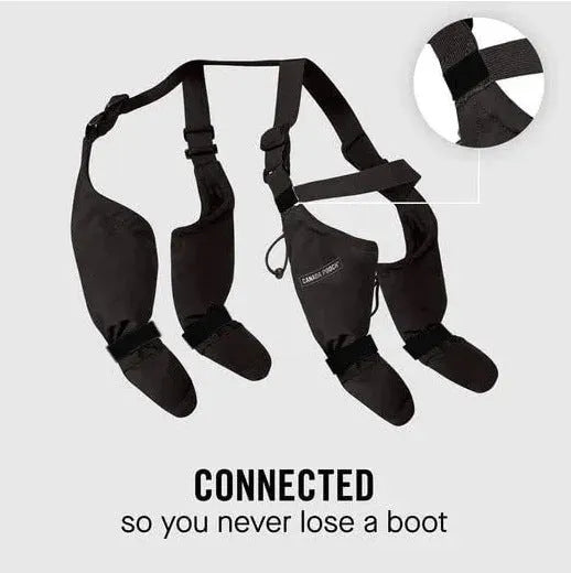 Black dog shoes with adjustable ankle straps, set of four waterproof paw protectors.