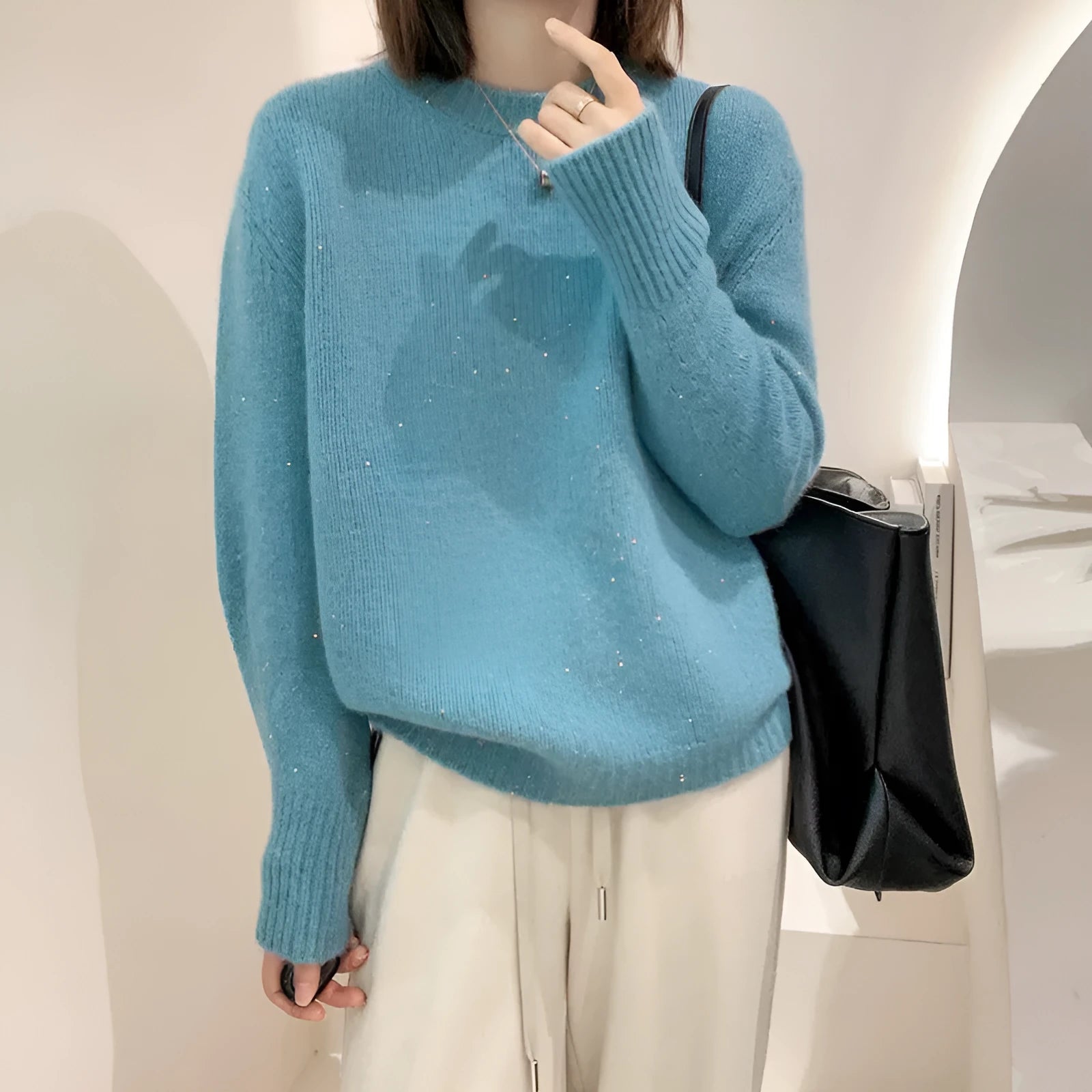 Soft glutinous long sleeve round neck top in milky white, loose fit, free size 85-135 cm, polyester pullover