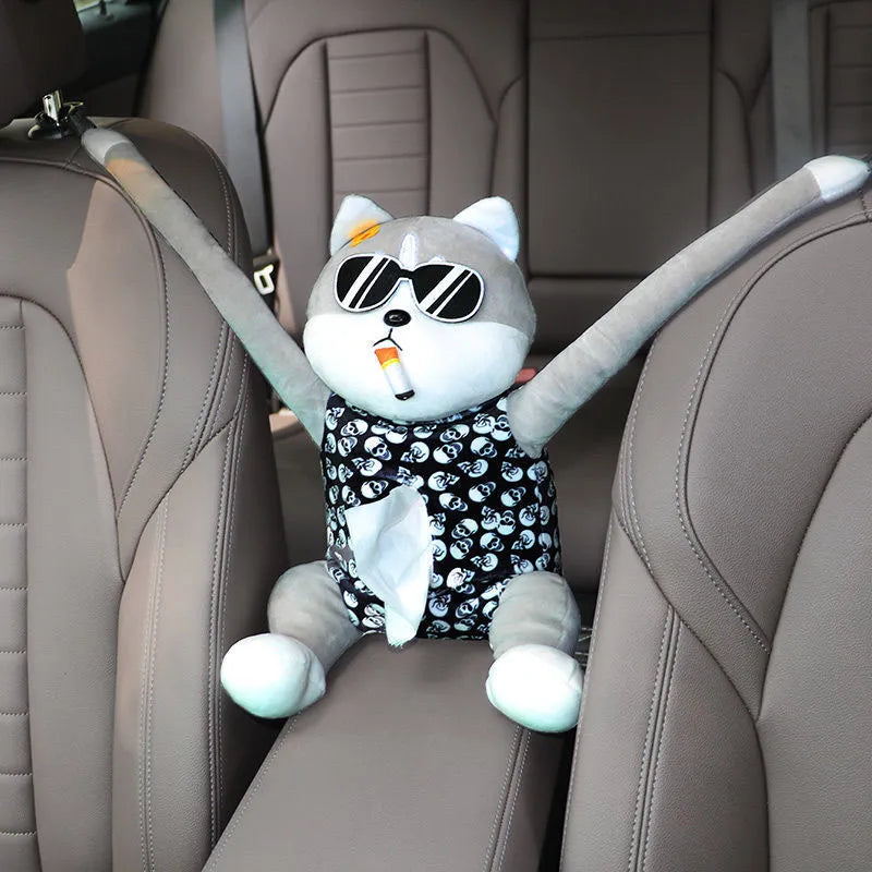 Plush multifunctional tissue box in cool dog design, available in four colours for car and home interior decoration.