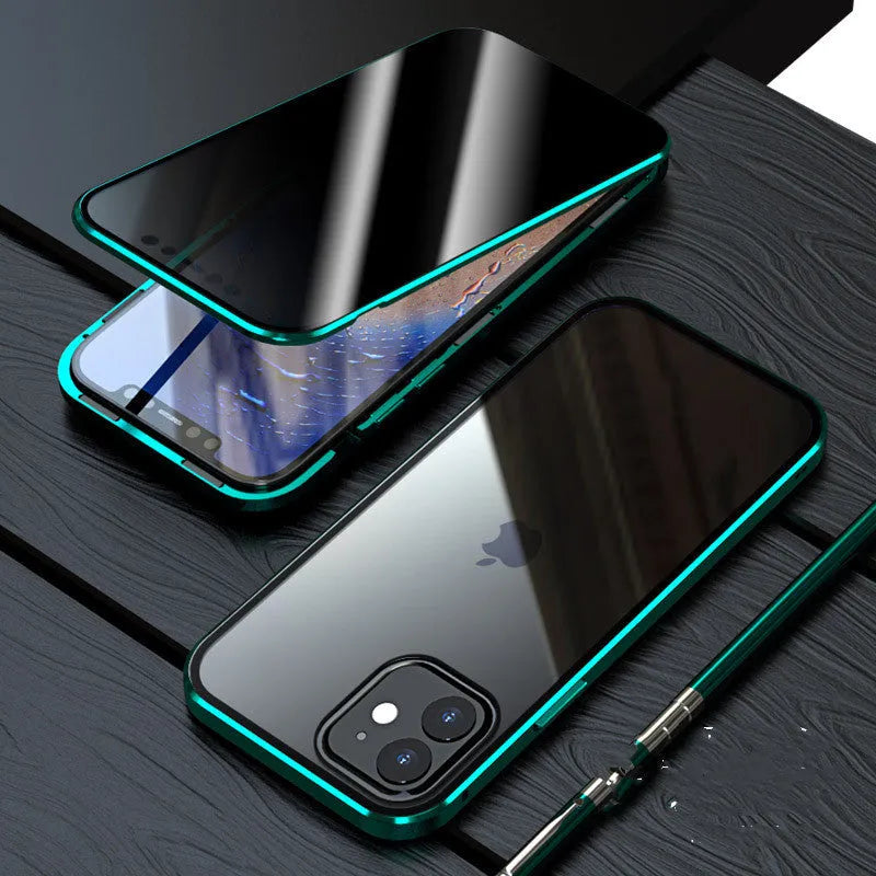 Magnetic privacy glass iPhone case showing anti-peeping screen technology