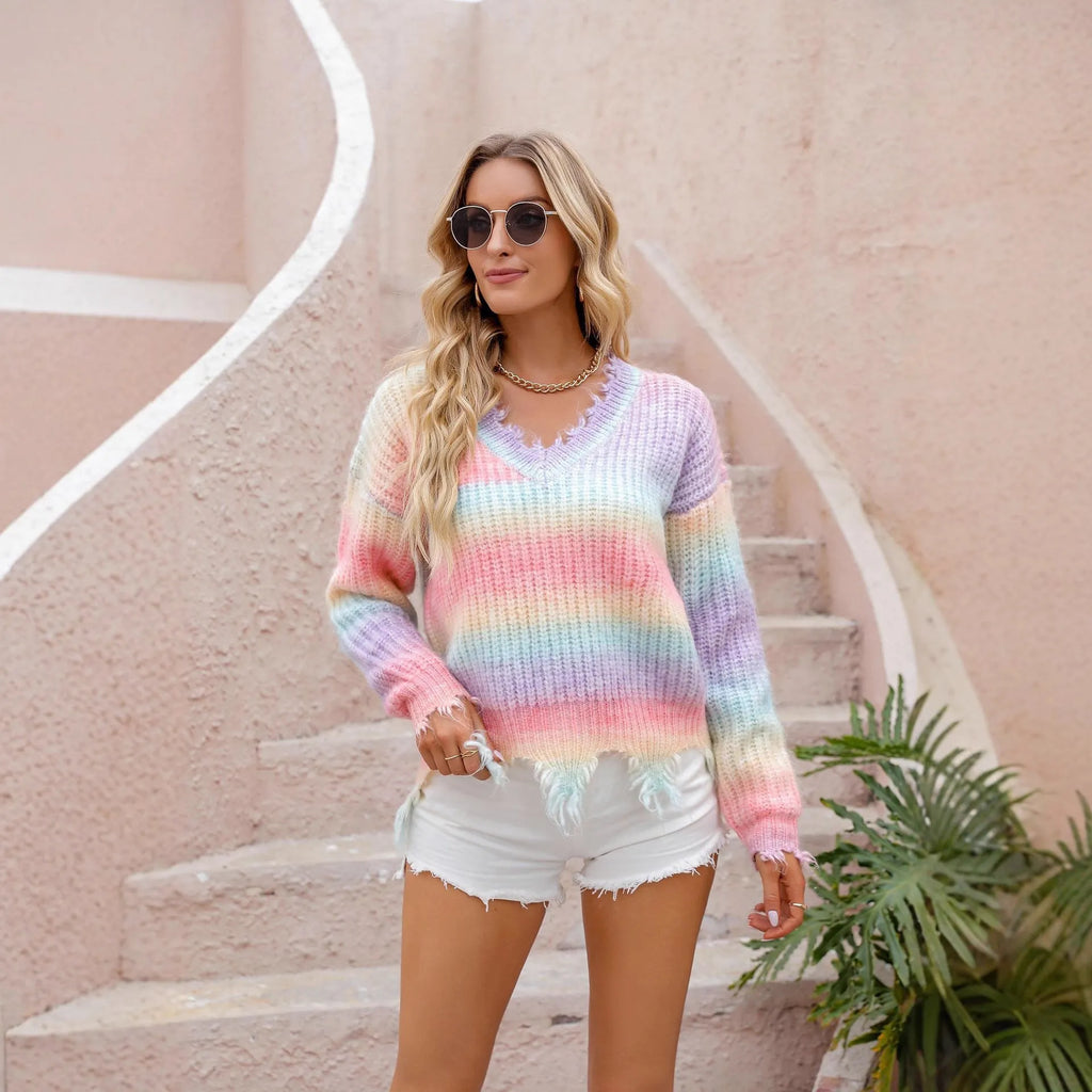 Pink rainbow gradient knitted sweater with tassel trim in loose cut plus size design